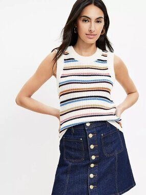LOFT Striped Chunky Knit Sweater Vest Ivory Multicolor Size Large